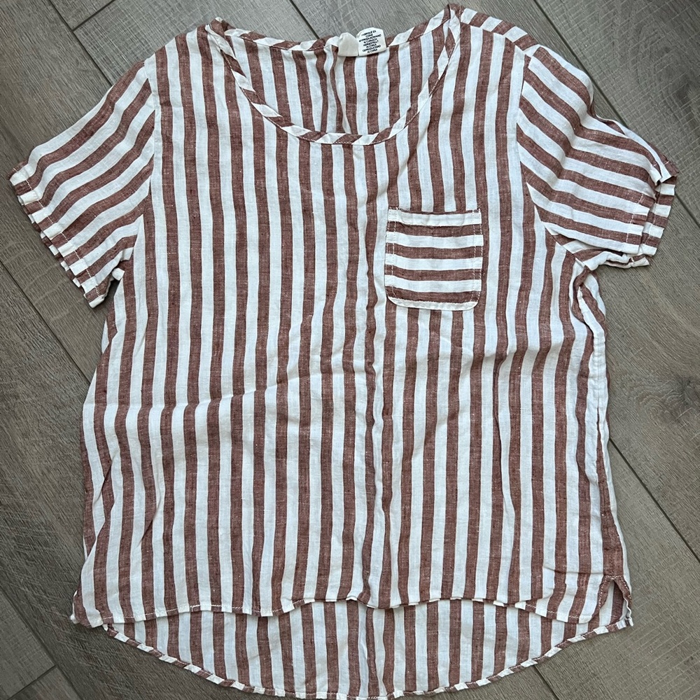 Striped Brown and White Short Sleeve Linen Top